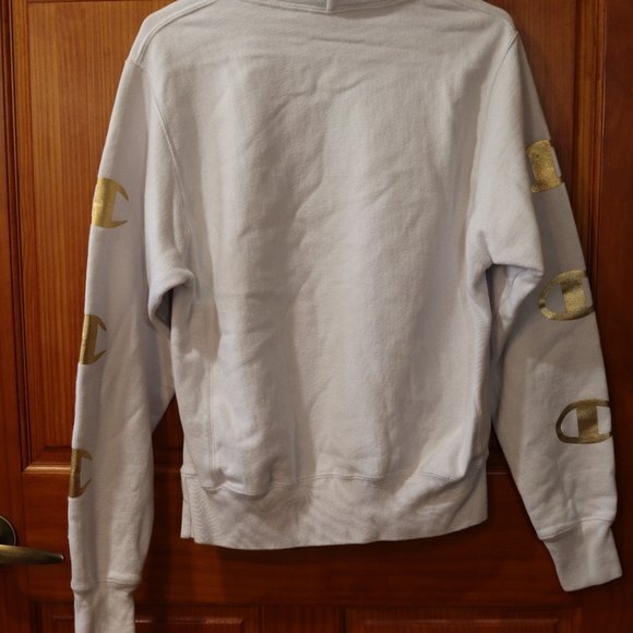 Champion Reverse Weave White & Gold Spellout Hoodie Small - Picture 12 of 15